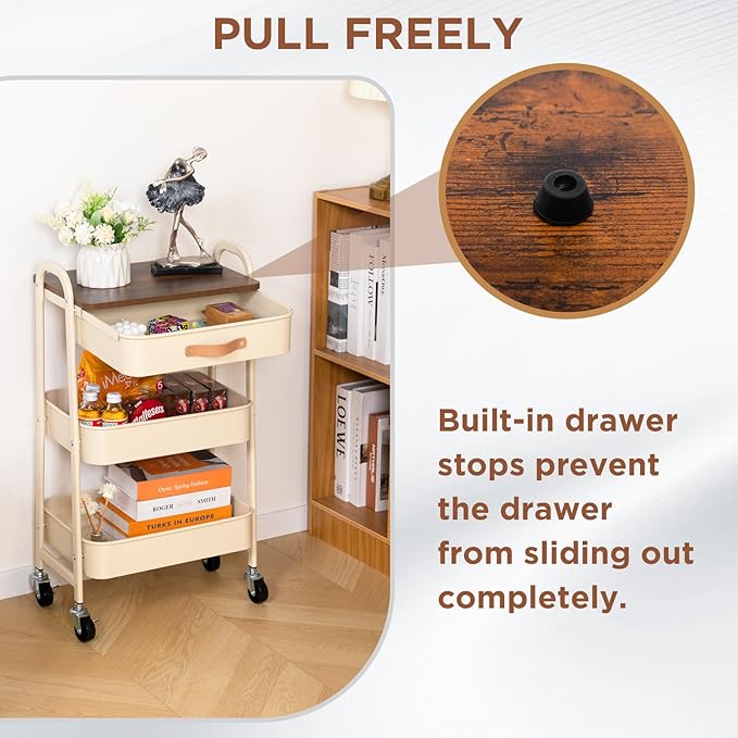 AGTEK Rolling Cart with Drawer, 3 Tier Movable Metal Utility Organizer with Wooden Board, Mobile Trolley Cart for Home & Office, Beige