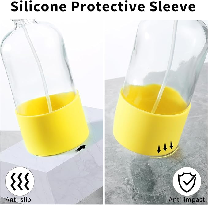 Glass Spray Bottles (2-Pack) with Silicone Sleeve - 16oz Empty Refillable Bottles - Adjustable Nozzle for Hair, Plants, Cleaning & DIY Solutions - Blue & Grey (yellow + turquoise)