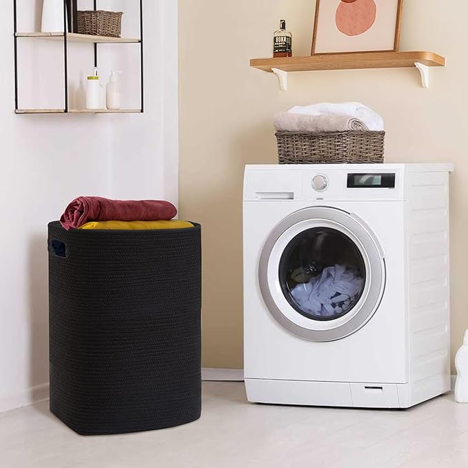 Large Laundry Hamper 16"x13"x22" - Tall Woven Laundry Basket, Cotton Rope Dirty Clothes Hamper, Baby Kids Nursery Wicker Laundry Basket, Bedroom Aesthetic, Soft Laundry Bin, Black Hamper, 75L