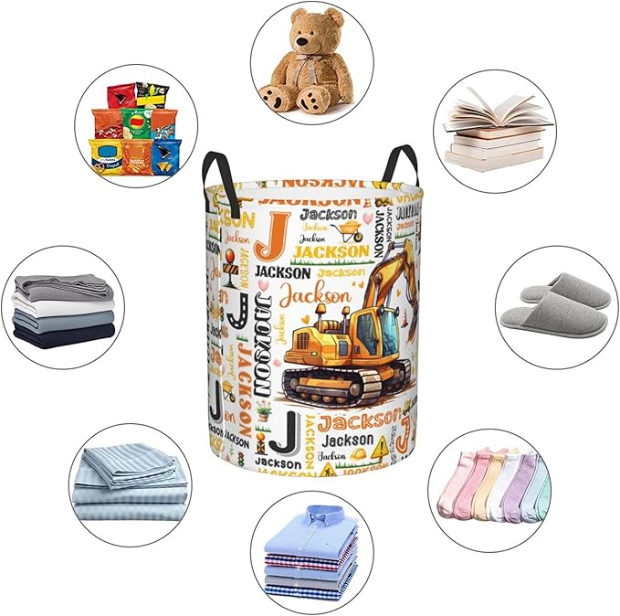 Personalized Excavator Laundry Basket For Baby Kids Boys Girls Adult Custom Hamper Basket With Name For Bathroom Bedrooms Collapsible Baby Laundry Basket, Dirty Clothes Hamper With Handles