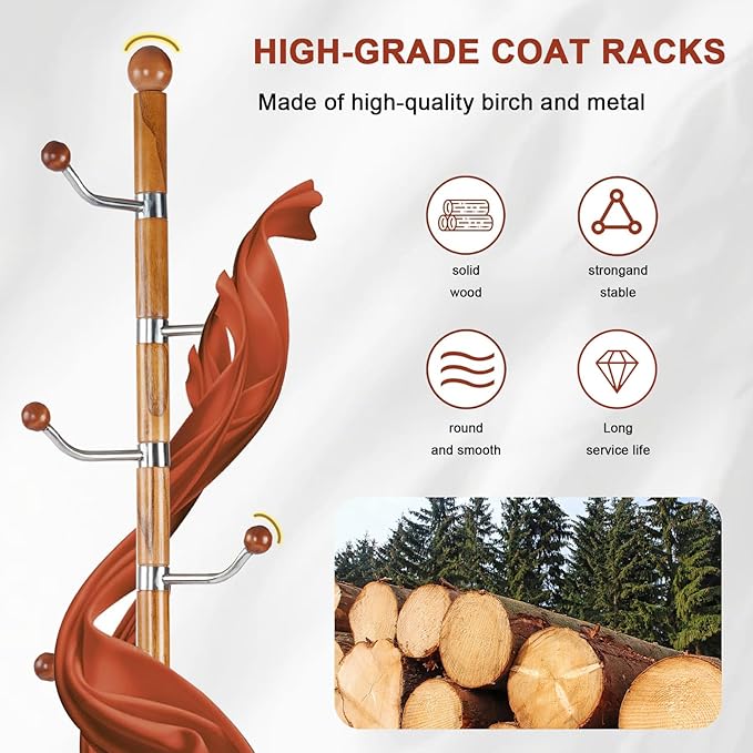 Wooden Coat rack freestanding, Coat racks stand with 6 Hook, Heavy duty coat tree standing Adjustable Heights for Bedroom, Entryway, Hallway, Office, Metal base (Nature)