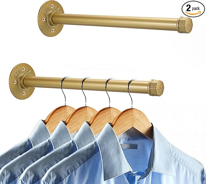 Sumnacon 2 Pcs 14 Inch Industrial Pipe Clothes Bar - Heavy Duty Rustic Metal Coat Hanger with Screws,Wall-Mounted Garment Holder Rack for Bedroom Bathroom Wardrobe Boutique Clothing Store,Gold