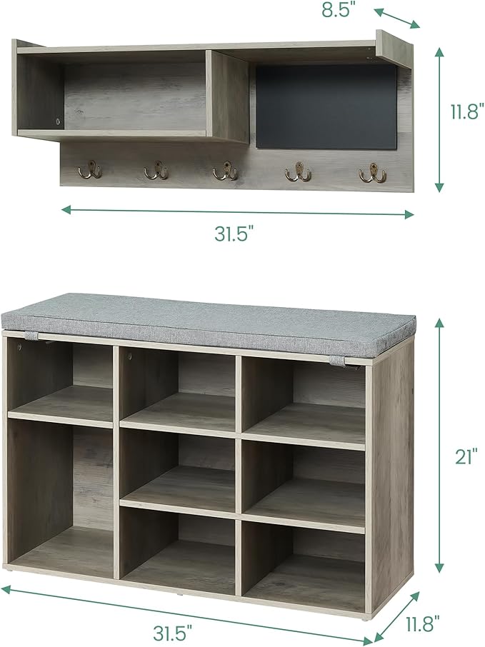 TrailBlaze Hall Tree Shoe Bench Industrial, 31.5 Inch 6 In 1 Coat/Shoe Rack With 5 Hooks 9 Storage Cubbies With Small Blackboard and Bookshelf for Entryway Hallway Living Room (Gray)