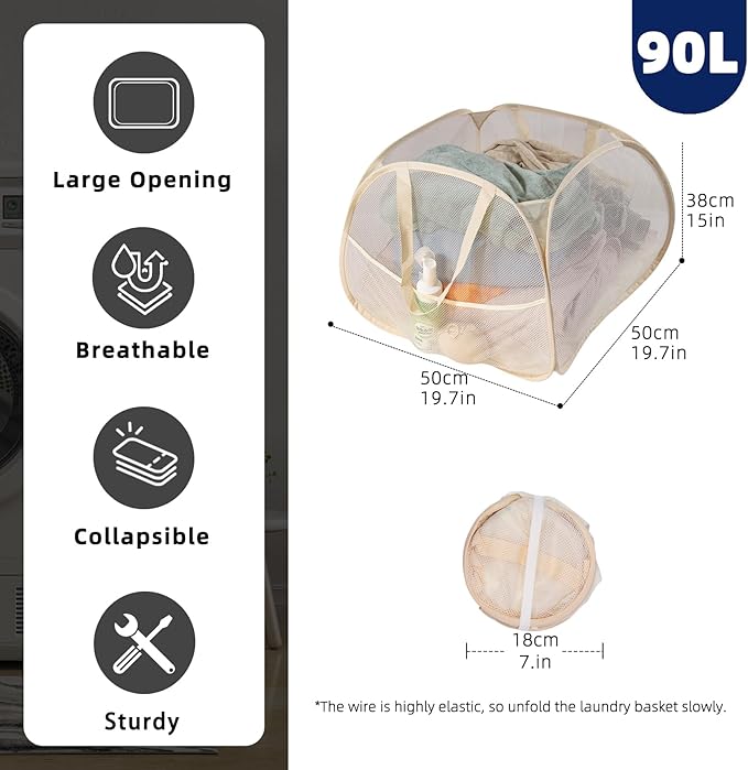 Collapsible Laundry Basket 90L, Foldable Mesh Pop-up Laundry Hamper with Handles, Dirty Clothes Hamper for Laundry with Side Storage Pocket (Beige)