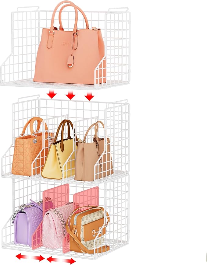 Sonyabecca Purse Storage Organizer for Closet : Adjustable 3-Pack Dividers Handbag Organizer - Stackable Wire Handbags Storage Baskets -Open Cabinets Wallets Tote Chain Bags Clutches -White