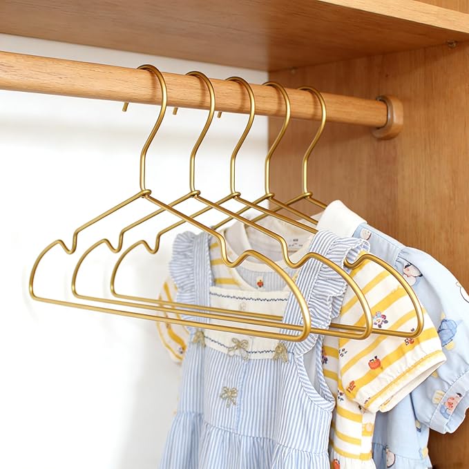Gold Metal Wire Baby Clothes Hangers,12.6” Children Coat Pants Non Slips Toddler Infant Newborn Kids Hangers, Space Saving Baby Clothes Hangers