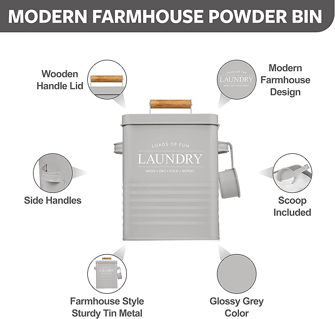 Calindiana Modern Farmhouse Metal Laundry Soap Dispenser Container Holder with Scoop for Laundry Room Decor and Space Saving Laundry Room Organization and Storage, Laundry Powder Container, Grey