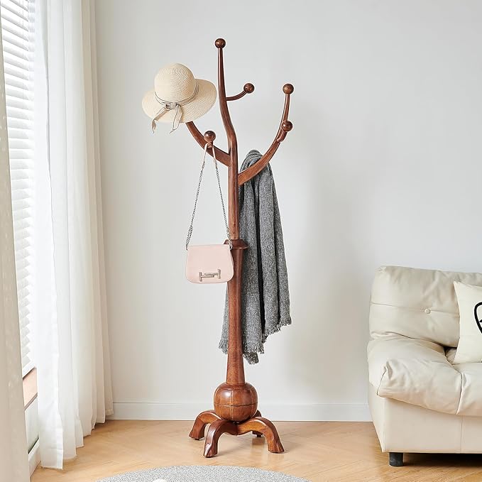 Wood Freestanding Coat Rack with 8 Hooks Wooden Hat Coat Tree Standing Clothes Hanger with Sturdy Sphere Base and Tree Branch Hooks 160lb Load Capacity for Entryway Hallway Bedroom, Walnut