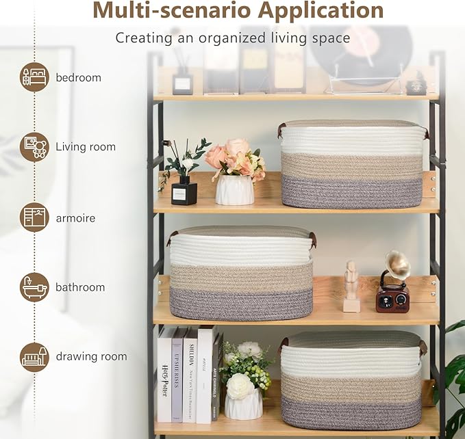 Cotton Rope Basket, Storage Baskets with Handle, 15x10x9 Inch Woven Basket for Shelves, Laundry, Towels, Clothes, Books (Gradient Brown 3 Pack)