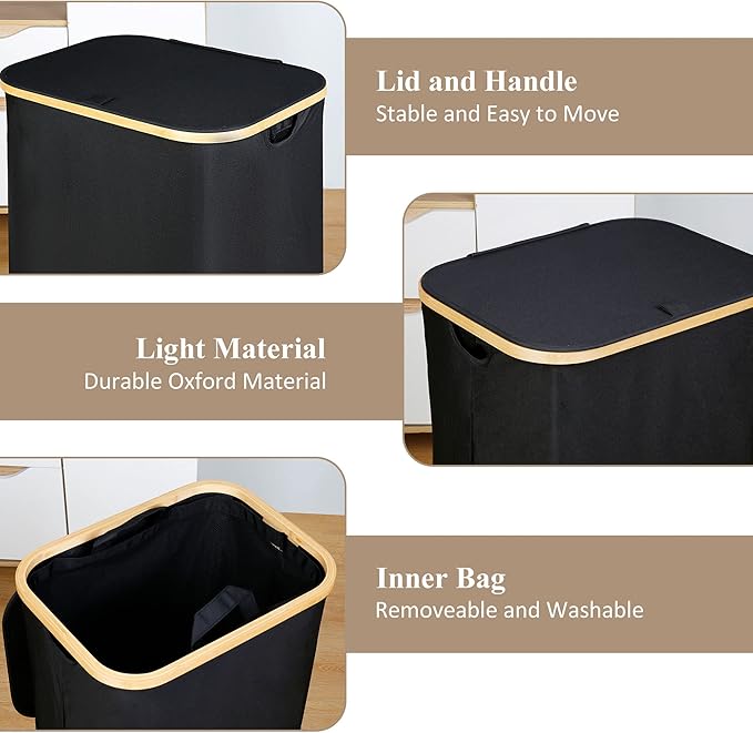 Laundry Hamper with Lid, 110L Large Laundry Basket with Handle, Collapsible Clothes Basket Organizer with Removable 2 Inner Bag for Clothes Toys Towels - Black