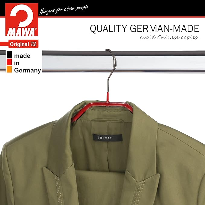 MAWA by Reston Lloyd Silhouette Series Non-Slip Space Saving Clothes Hanger with Bar & Hook for Pants and Skirts, Style 41/FRS, Set of 100, Red