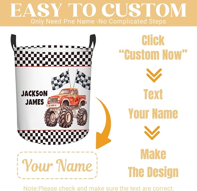 Personalized Truck Laundry Basket, Custom Laundry Hamper With Name Gifts For Kids Baby Adults, Collapsible Dirty Clothes Storage Organizer With Handles S 16.5 X 13.8in