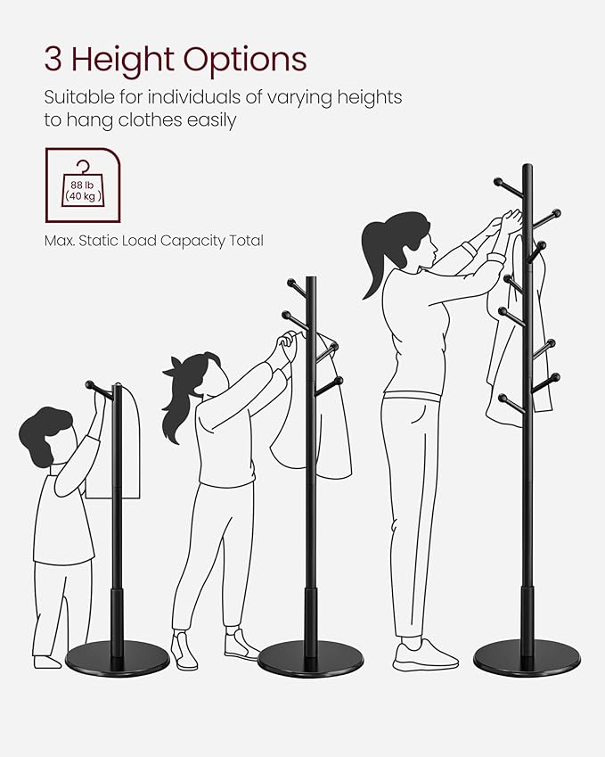 VASAGLE Solid Wood Coat Rack, Free Standing Hall Coat Tree with 8 Hooks, 3 Height Options, for Coats, Hats, Bags, Purses, for Entryway, Hallway, Rubberwood Hooks and Pole, Ink Black URCR007P33
