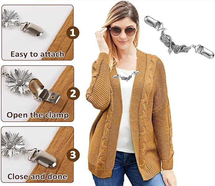 Vintage Sweater Clips Shawl Dresses Shirt Clips Retro Cardigan Collar Chain Clips Brooch Pins for Women