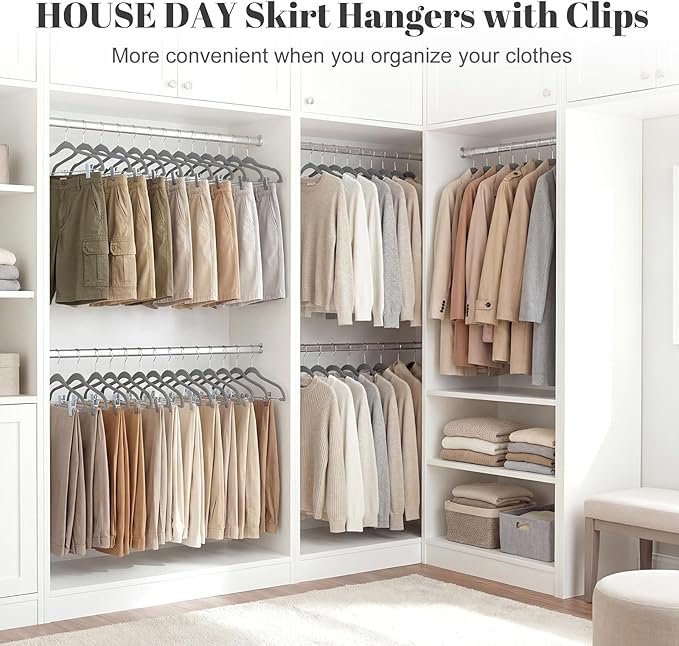 HOUSE DAY Velvet Skirt Hangers 12 Pack, Gray Velvet Pant Hangers with Adjustable Clips, Space Saving Slim Shorts Hanger, Heavy Duty Non Slip Clip Hanger for Pants, Skirts, Shorts
