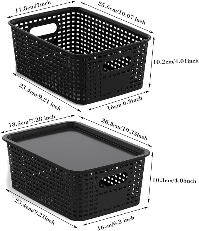 Plastic Storage Basket with Lids 10 Pack Stackable Black Storage Bins Containers with Lid, Decorative Storage Boxes for Organizing Shelves, Drawers, Playroom, Classroom, Office, Closet