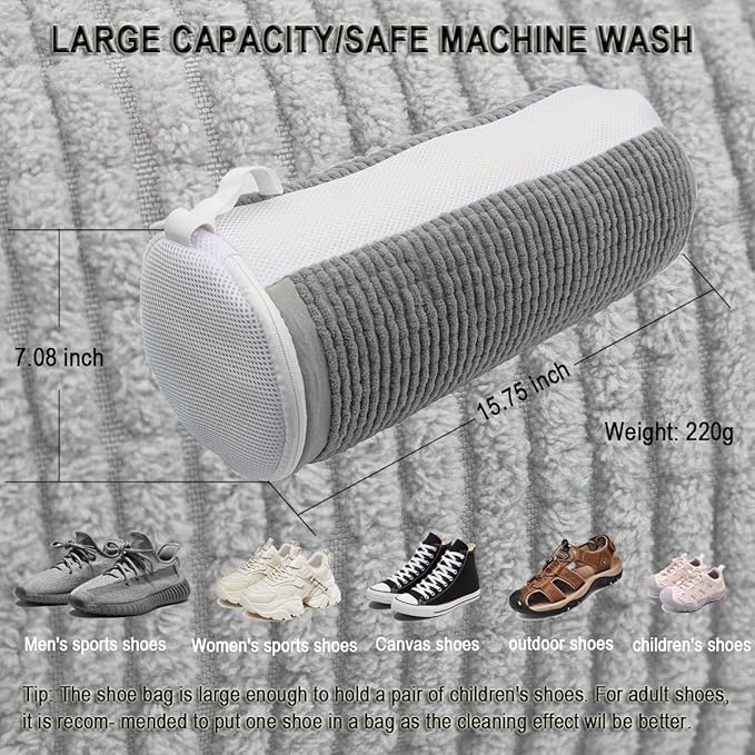 Shoe Washing Machine Bag,Blue and white stripes Mesh Shoe Washing Bag for Washing Machine - Large Size Fits various Shoes, Chenille Fabric Protection, Zipper Laundry Bag for Sneakers (2 Pcs) (Grey)