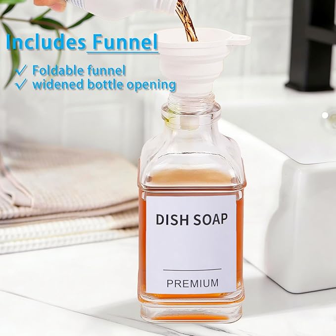 Dish Soap Dispenser for Kitchen, Hand Glass Soap Dispenser Set with Pump, Funnel for Bathroom, Shower, Laundry, Liquid, Lotion (Silver 2 Pack 18 Oz Clear Bottles with 12 Stickers)