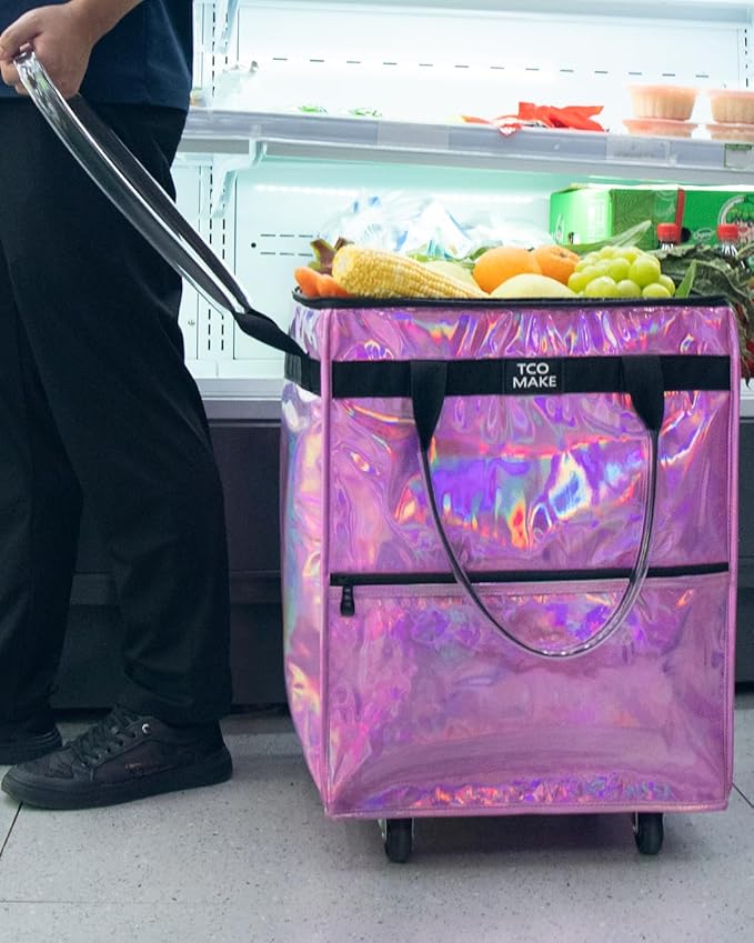 Reusable Grocery Bag on Wheels, Shopping Bags with Wheels and Handle, Folding Rolling Tote Trolley, Zipper Cover, Carries Up to 46 LBS, Waterproof (Medium, Phantom Pink)