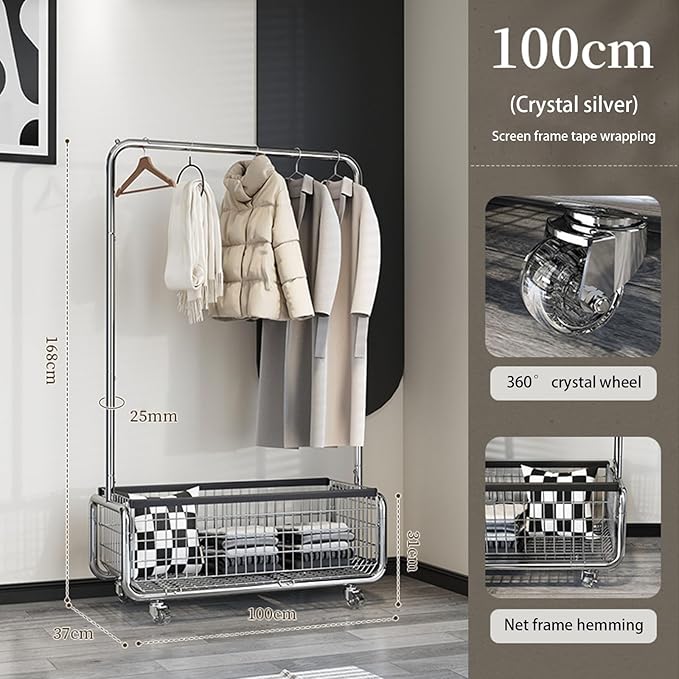 Freestanding Clothes Rack,Metal Coat Rack with Movable Storage Basket,360° Rolling Clothes Rack,Mobile Storage Coat Rack for Bedroom (Size : 100cm)