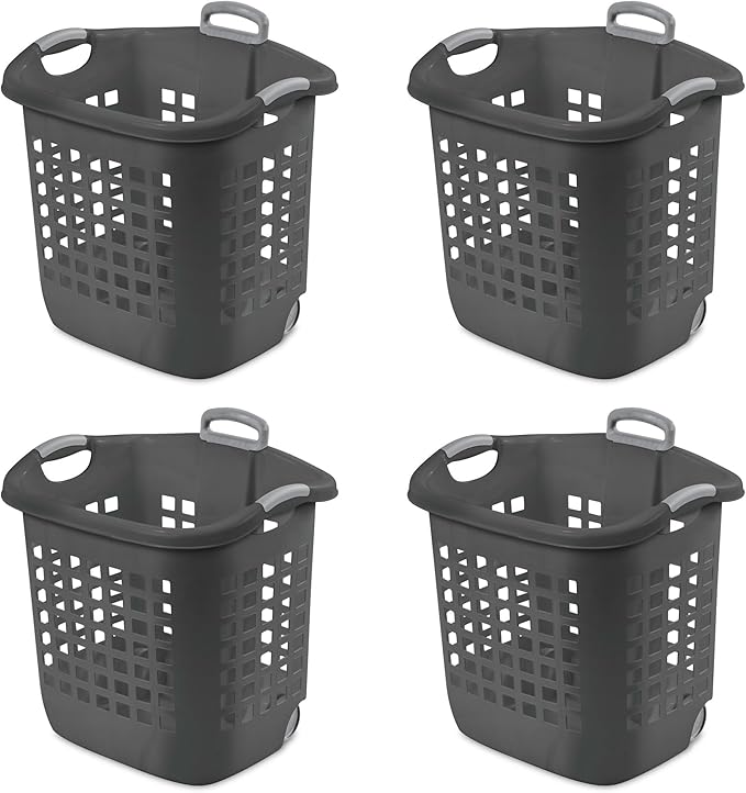 Sterilite 4 Pack Ultra Wheeled Laundry Basket, Plastic Clothes Hamper Bin with Wheels and Retractable Handle, 1.7 Bushel Capacity, Flat Grey