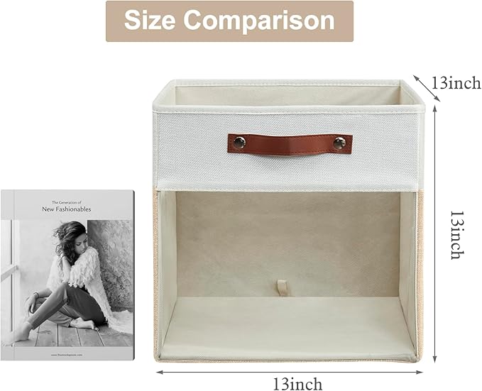 Storage Cubes, 4 Pack Linen Foldable Storage Bins (13 x 13 inch) with Clear Window and Handles, Fabric Organizer for Shelf Closet, Clothes, Books - (Beige and White)