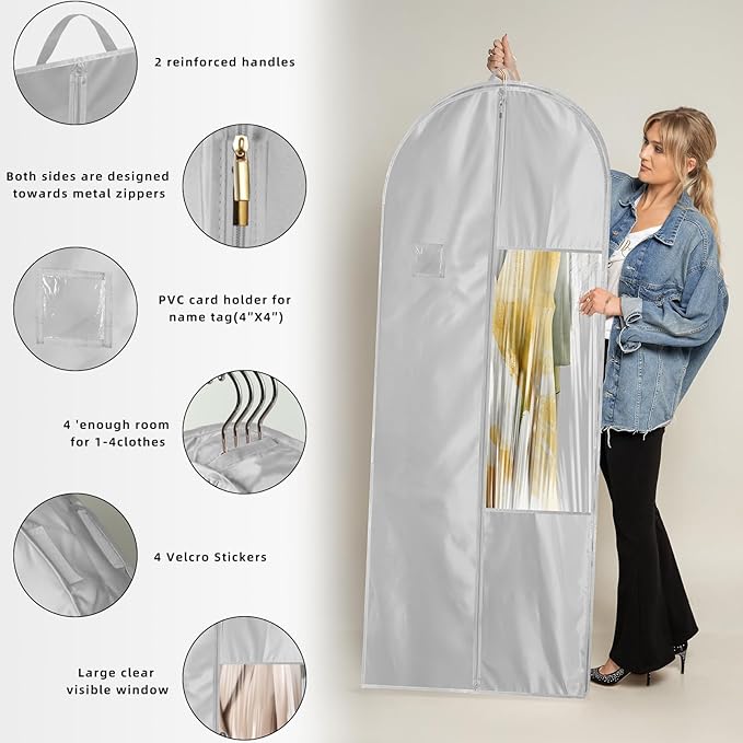 Garment Bags for Hanging Clothes and Travel with 4" Gusseted, Suit Cover for Clothes,Coats,Suit,Jackets,Dress,Shirts,Skirt.(Silvery-48"-2pcs-Satin Fabric)