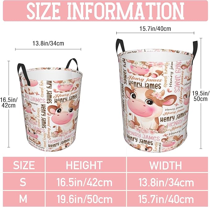 Cow Laundry Basket,Personalized Laundry Hamper for Boys Girls,Custom Laundry Basket With Name, Customized Dirty Clothes Hamper for Bathroom Bedrooms,M-19.5"X 15.7"