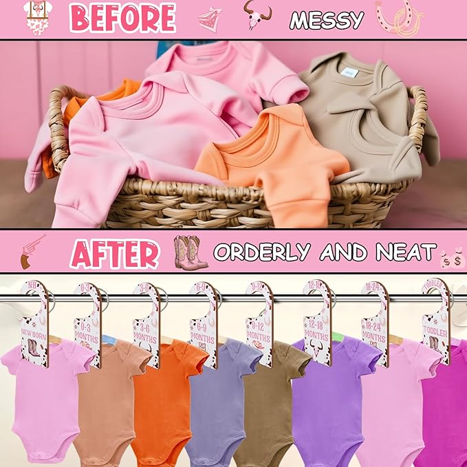 Baby Closet Dividers 8PCS, Western Cowgirl/Wild West Rodeo Themed Wooden Double-Sided Clothes Size Hanger Organizer from Newborn to Toddler for Nursery Decor Baby Shower Birthday Gift Pink