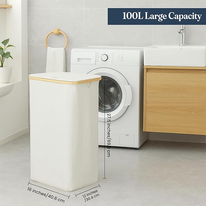 Fine Living 100L Large Laundry Hamper with Lid, Narrow Foldable Slim Laundry Basket with Bamboo Handles, Skinny Tall Dirty Clothes Hamper for Dorm, Bathroom & Bedroom, Ivory