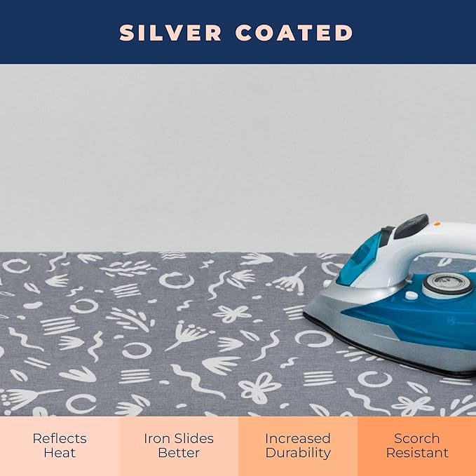 Ironing Board Cover and Pad Extra Thick Heavy Duty Padded Multiple Layers Silver Coated Ironing Board Cover, Non Stick Scorch and Stain Resistant Standard Size 15x54 with Elasticized Edges (Soft Grey)