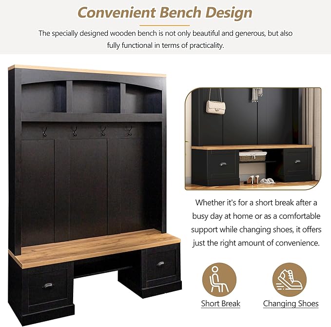 Hall Tree with Wood Grain Bench and Top, Farmhouse 4-in-1 Hall Tree with Black Hooks and Shell Handles, Multifunctional Wood Coat Rack with Adjustable Shelves for Hallway, Living Room (Black/153)