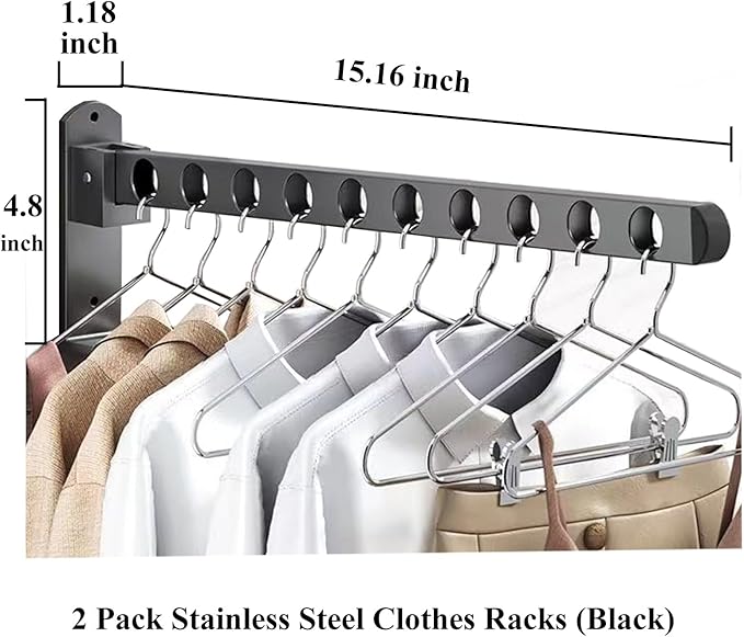 2 Pack Stainless Steel Clothes Hangers Drying Racks, Wall Mount Folding Garment Racks, Matte Black Coat Hanger Racks, Space Saver Clothing Closet Racks Storage Organizer for Laundry Bedroom Bathroom