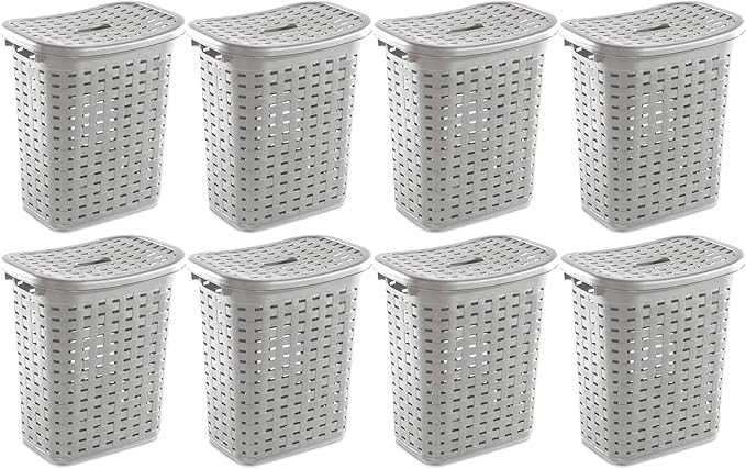 Sterilite Plastic Wicker Style Weave Laundry Hamper, Portable Slim Clothes Storage Basket Bin with Lid and Handles, Cement Gray, 8-Pack