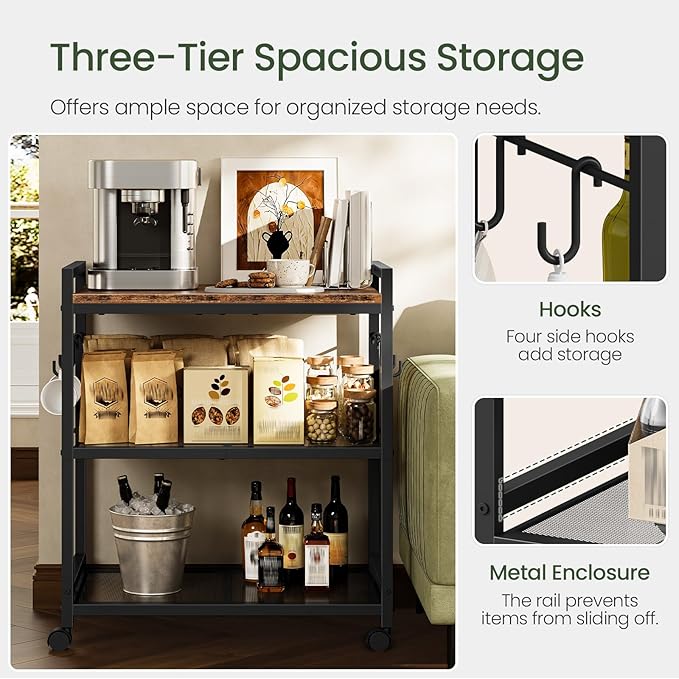 3-Tier Rolling Bar Cart, Vintage Metal Kitchen Cart with Wheels, Mobile Storage Shelf, Rolling Microwave Stand with Mesh Shelves for Home Bar, Kitchen, Rustic Brown and Black TTC06BF