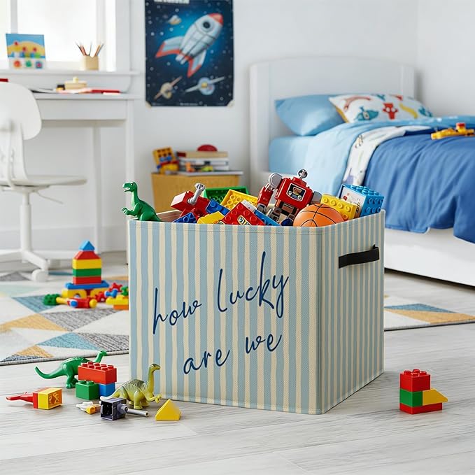 Blue Preppy Inspirational Storage Bin Box with Handles, How Lucky Are We Trendy Striped Foldable Baskets Organizer for Girls Bedroom Bathroom Clothes Toys Books, Toybox for Girls