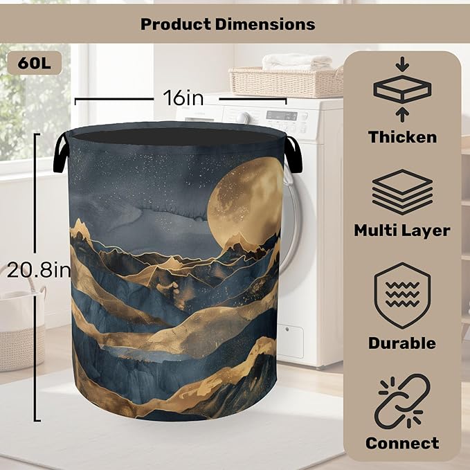 Golden Mountain Moon Laundry Basket with Handles - Extra Large Foldable Hamper for Bathroom/Laundry/Bedroom/Dorm, Washable Fabric Storage Bin