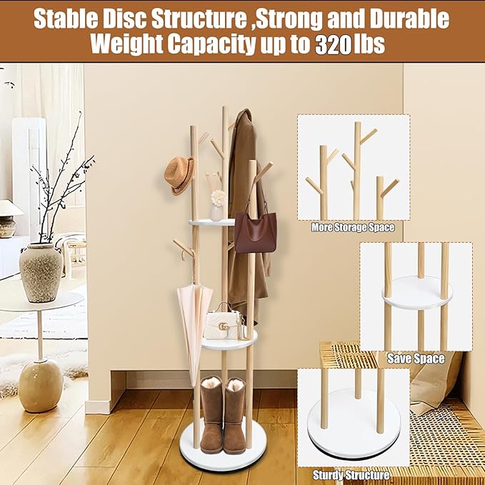LIWSHWZ Solid Wood Rotary Coat Rack,Coat Rack Freestanding with 3 Shelves and 9 Hooks,Coat Hanger Stand for Purse,Bag,Hat,Corner Hanger Stand Racks for Hall,Entryway,Office,Modern Clothes Holder