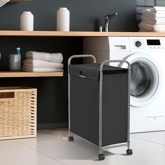 STORAGE MANIAC Rolling Laundry Hamper with Lid, 85 L Laundry Sorter with Wheels, 2 Loads Dirty Clothes Hamper, Laundrys Organizer, Clothes Basket Cart with Wheels for Small Space, Black