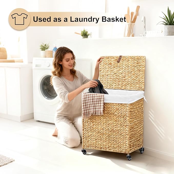 Handwoven Laundry Hamper with Wheels, Natural Water Hyacinth Rolling Laundry Basket with Lid and Removable Liner, Durable and Stylish for Bedroom, Bathroom, Laundry Room (Natural, 95L)