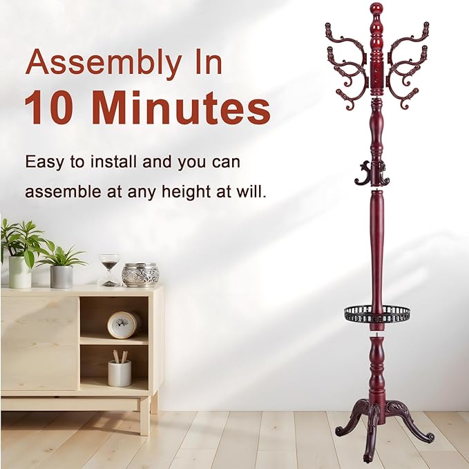 Coat Racks Freestanding, Natural Wood Coat Stands with 14 Hooks, 73" Heavy Duty Adjustable Height Vintage Hall Tree for Entryway, Bedroom, Office, Easy Assembly (Rosewood Tray)