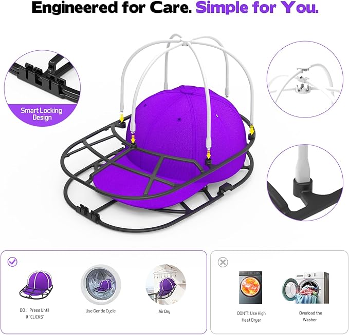 Hat Washer Cage for Washing Machine - Baseball Cap Cleaner Rack, Ball Cap Washing, Dishwasher Safe, Perfect for Cleaning and Protecting Hats in Dishwasher (White/Black 2 Pack (Assembly))