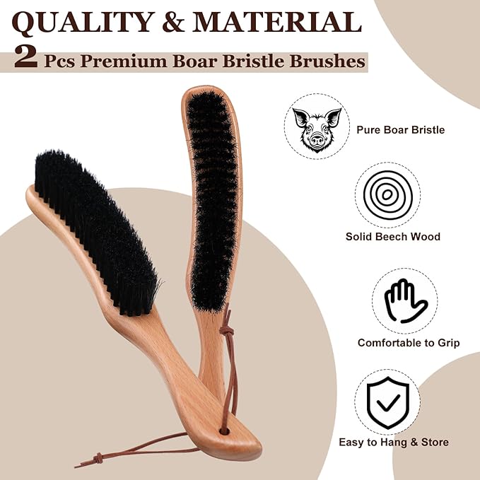 Bokon 2 Pcs Lint Brushes for Clothes with Boar Bristle Beech Wood Handle Natural Reusable Garment Brush Lint Remover for Hat Wool Coats Suits Cashmere Suede Pet Hair Denim Corduroy Heavy Fabrics