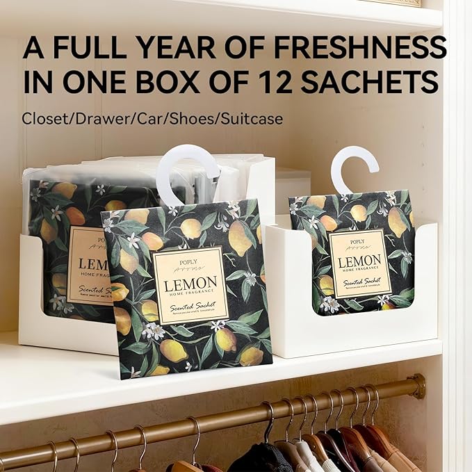 12 Pack Large Lemon Scented Sachets – Hanging Closet & Drawer Deodorizer & Air Freshener, Long-Lasting Aroma