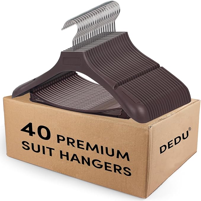 DEDU Suit Hangers for Men 40 Pack, Brown Coat Hangers Extra Wide Non Slip Width 17.7", Thick Plastic with Pants Bar & Metal Hook