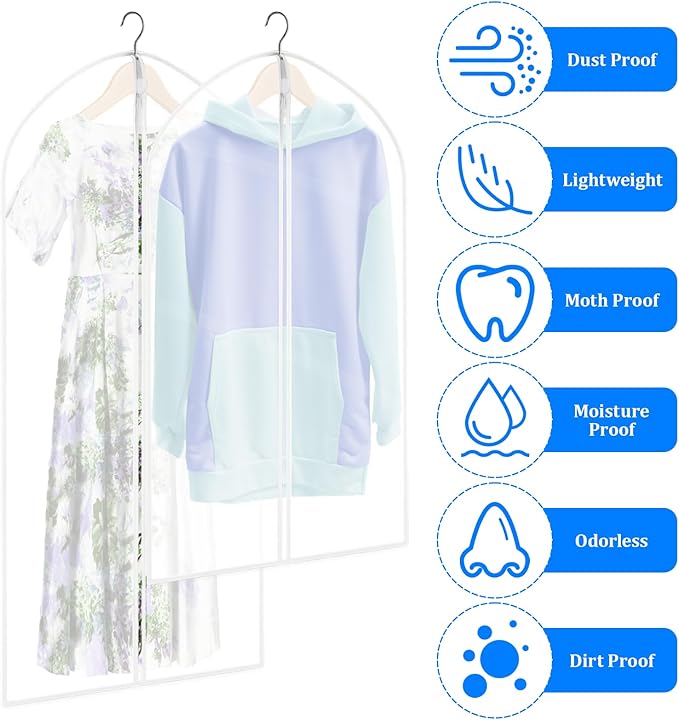 20 Pack Combo Size Garment Bags for Hanging Clothes with Zipper, Translucent Coat Covers for Closet Waterproof Dustproof Garment Covers Bags for Wardrobe Storage and Travel 24" x 40"/ 24" x 47"