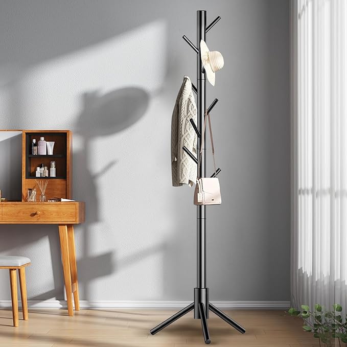Wooden Coat Rack Stand, Freestanding Coat Rack with 8 Hooks, 3 Adjustable Size Coat Tree for Hats, Coats, Scarves bags, Coat Hanger Stand Used in Bedroom/Office/Entryway,2 PCS (Black)