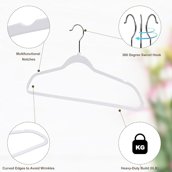 Quality Hangers 50 Pack Slim Plastic Hangers for Clothes - 16.5" Won't Crease Your Clothes, Heavy Duty Non-Velvet White Hangers 360° Swivel Chrome Hook Non Slip Notches Dresses Coats Shirts Jackets