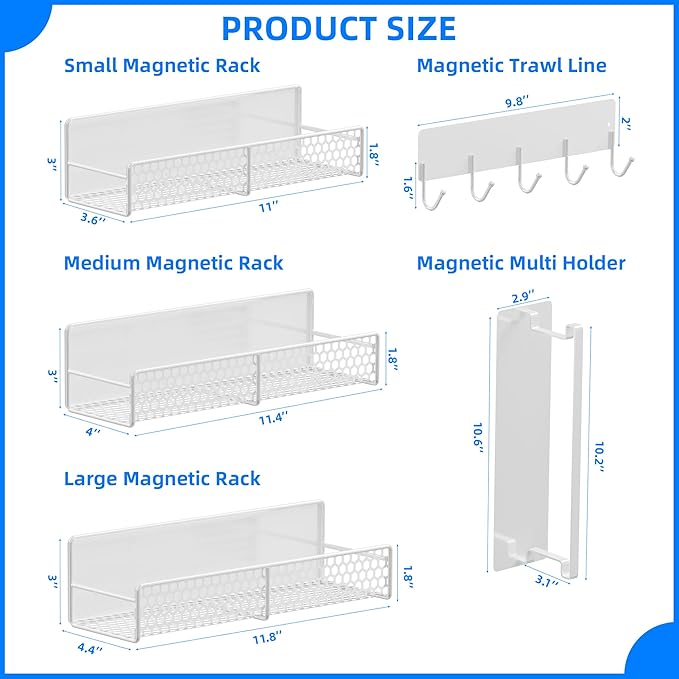5 Pack Multifunctional Magnetic Shelves for Washing Machine & Refrigerator - Heavy Duty Laundry Room Organization System with Tool Hooks, Metal Storage Baskets (White)