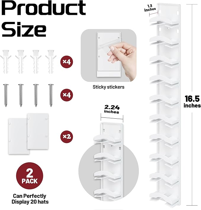 Hat Organizer Hold up to 20 Hats, 2 Pack Hat Rack for Wall with Strong Adhesive, Hat Organizer for Baseball Caps Display for Door Closet, Hat Hanger Holder Multilayer Two Mounting Option(White)